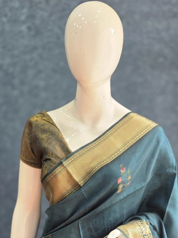 Pichwai Digital Prints Peacock Blue Dola Silk Saree