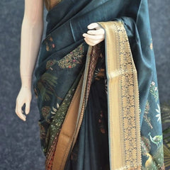 Pichwai Digital Prints Peacock Blue Dola Silk Saree