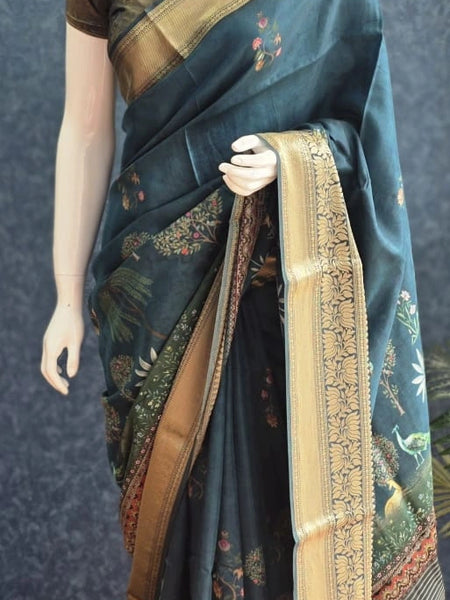 Pichwai Digital Prints Peacock Blue Dola Silk Saree