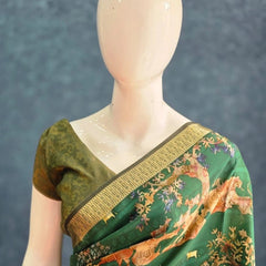 Pichwai Digital Prints Peacock Blue Dola Silk Saree