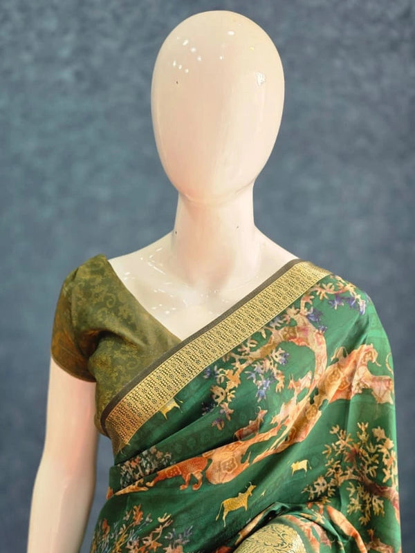 Pichwai Digital Prints Peacock Blue Dola Silk Saree