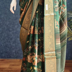 Pichwai Digital Prints Peacock Blue Dola Silk Saree