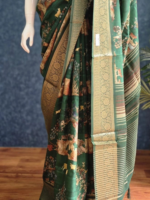 Pichwai Digital Prints Peacock Blue Dola Silk Saree