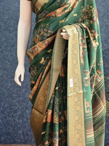 Pichwai Digital Prints Leaf Green Dola Silk Saree