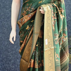 Pichwai Digital Prints Peacock Blue Dola Silk Saree