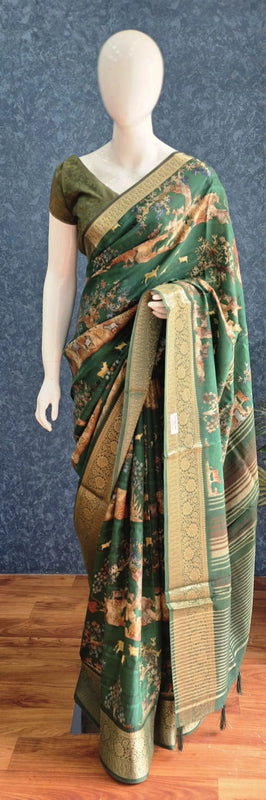 Pichwai Digital Prints Peacock Blue Dola Silk Saree