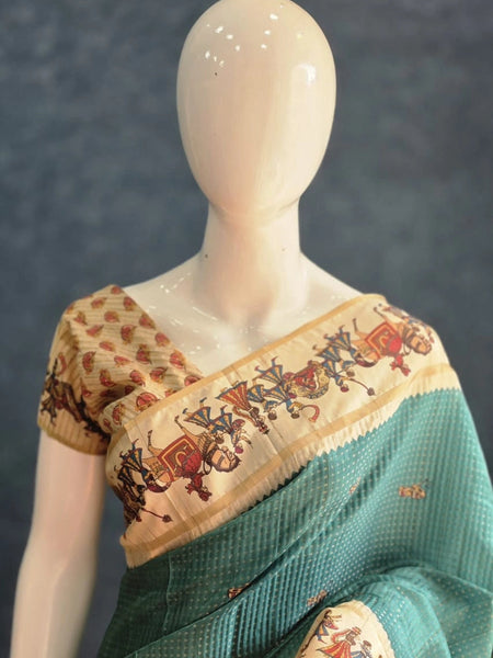Kalamkari Green Cream Tussar Saree