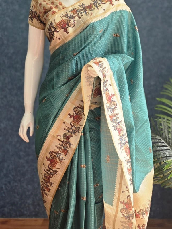 Kalamkari Green Cream Tussar Saree