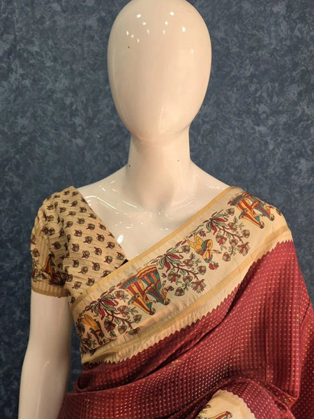 Kalamkari Maroon Cream Tussar Saree