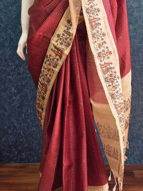 Kalamkari Maroon Cream Tussar Saree