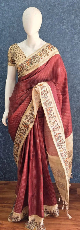 Kalamkari Maroon Cream Tussar Saree
