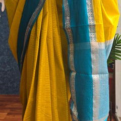 Bamboo Yellow Blue Semi Silk Saree