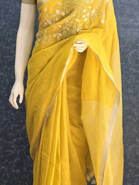 Embroider Mustard Linen Saree
