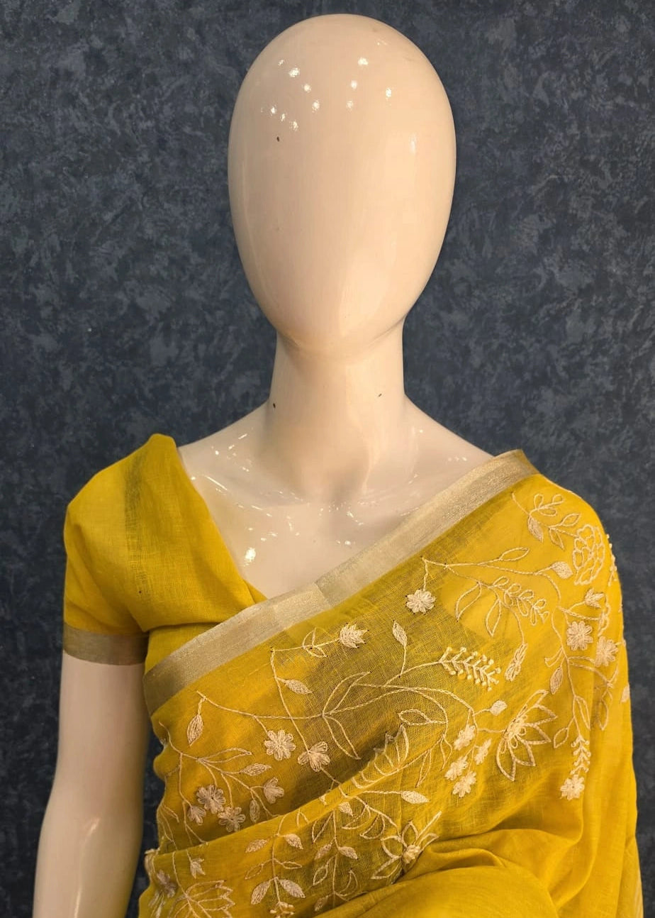 Linen Saree Mustard Embroider