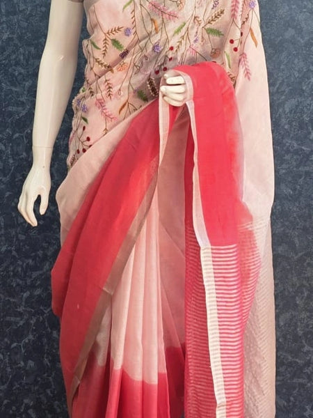 Embroider Pink Linen Saree