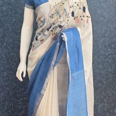 Embroider white Blue Linen Saree