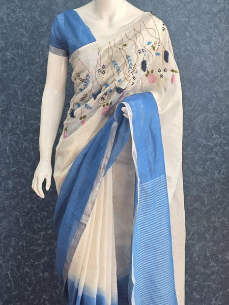 Embroider white Blue Linen Saree
