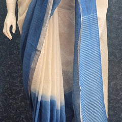 Embroider white Blue Linen Saree