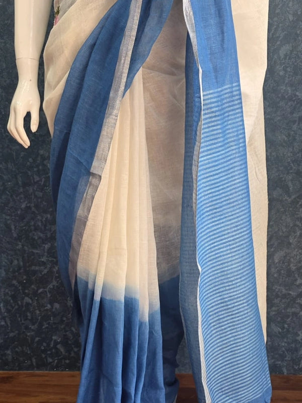 Embroider white Blue Linen Saree
