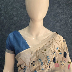 Embroider white Blue Linen Saree