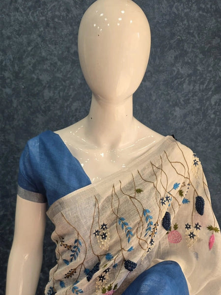 Embroider white Blue Linen Saree