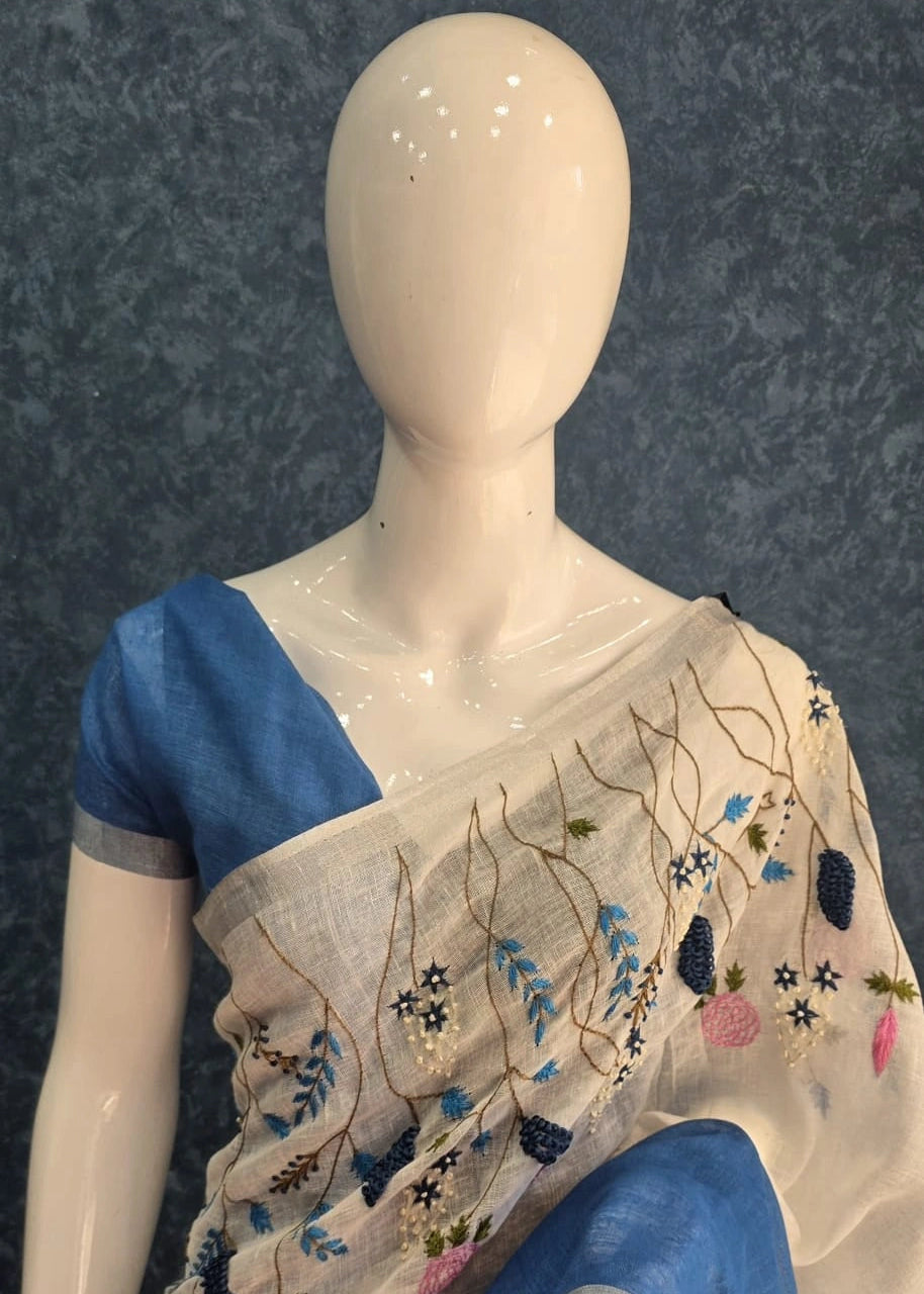 Linen Saree white Blue embroider