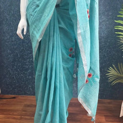 Embroider Aqua Blue Linen Saree