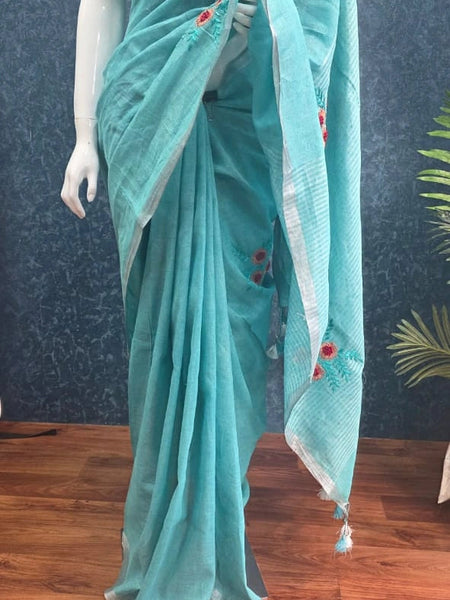 Embroider Aqua Blue Linen Saree