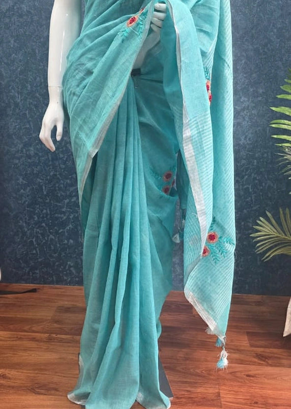 Embroider Aqua Blue Linen Saree