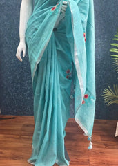 Linen Saree Aqua Blue