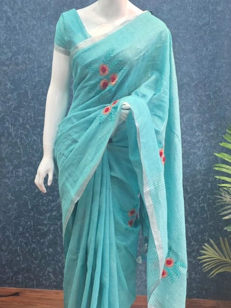 Embroider Aqua Blue Linen Saree