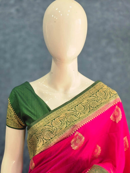 Contrast Rani Pink Green Matka Silk Saree