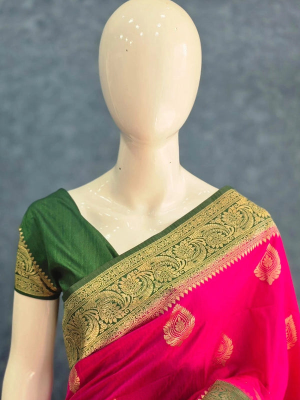 Contrast Rani Pink Green Matka Silk Saree