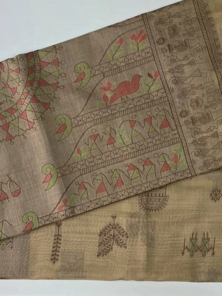 Jamdhani  Beige Linen Saree