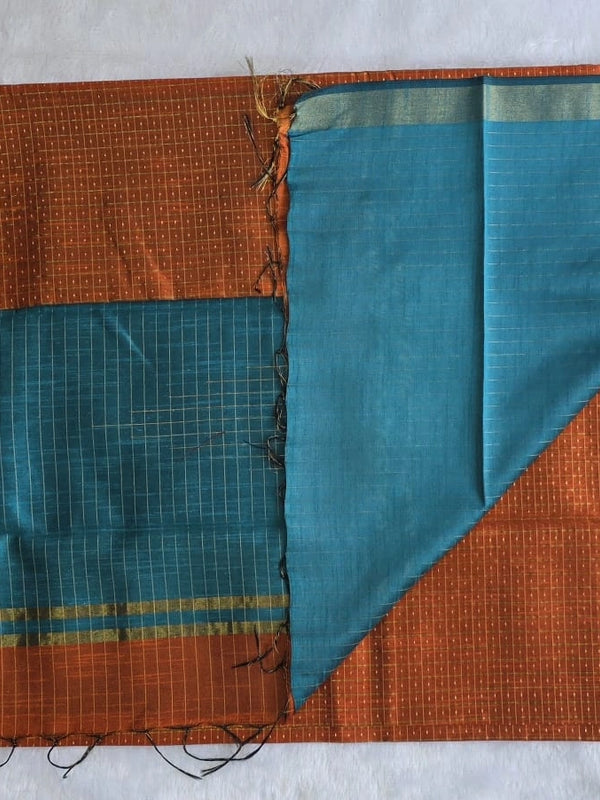 Checks Orange Blue Semi Silk Saree