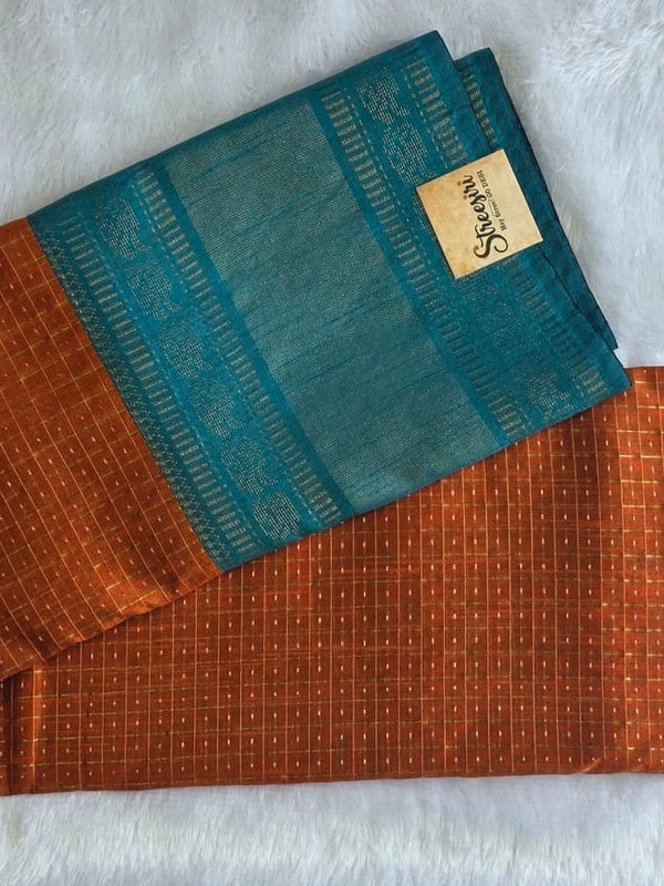 Checks Orange Blue Semi Silk Saree