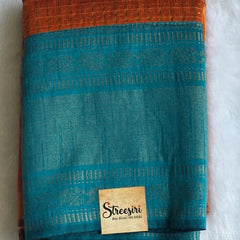 Checks Orange Blue Semi Silk Saree