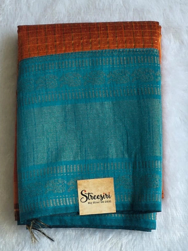 Checks Orange Blue Semi Silk Saree
