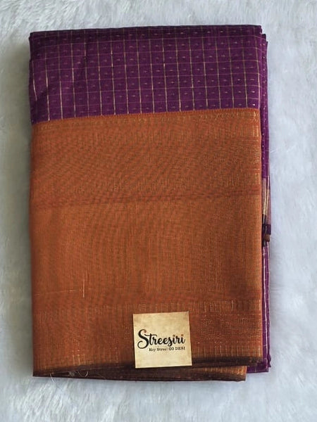 Checks Purple Orange Semi Silk Saree