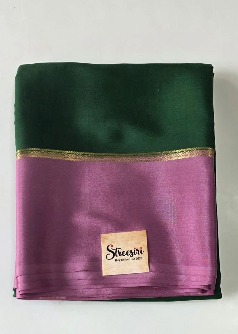 Pure Mysore Crepe Bottle Green Peach Silk Saree