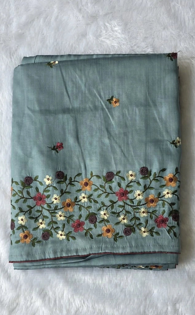 Satin Teal Tussar Saree