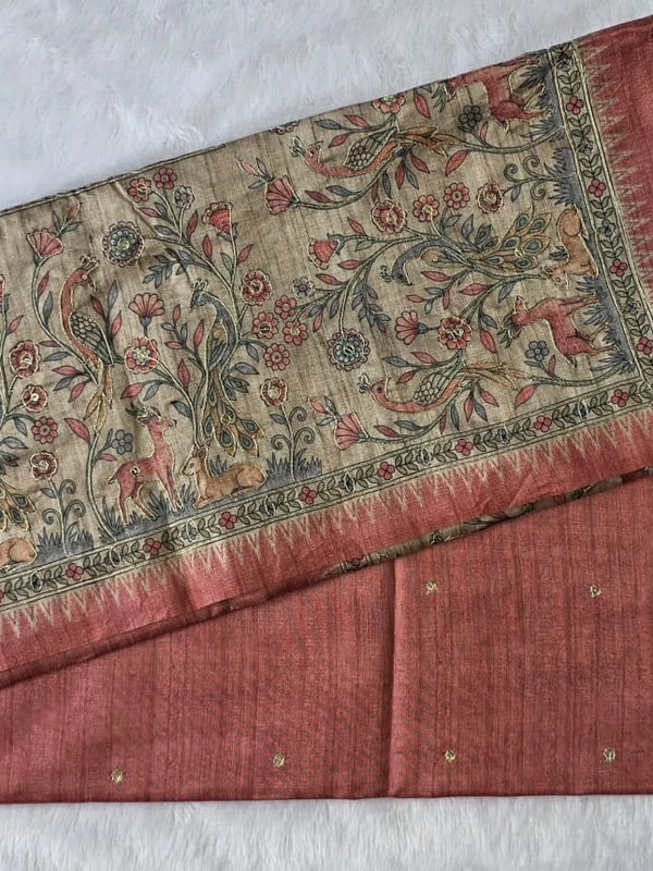 Kalamkari Deep Magenta Tussar Saree