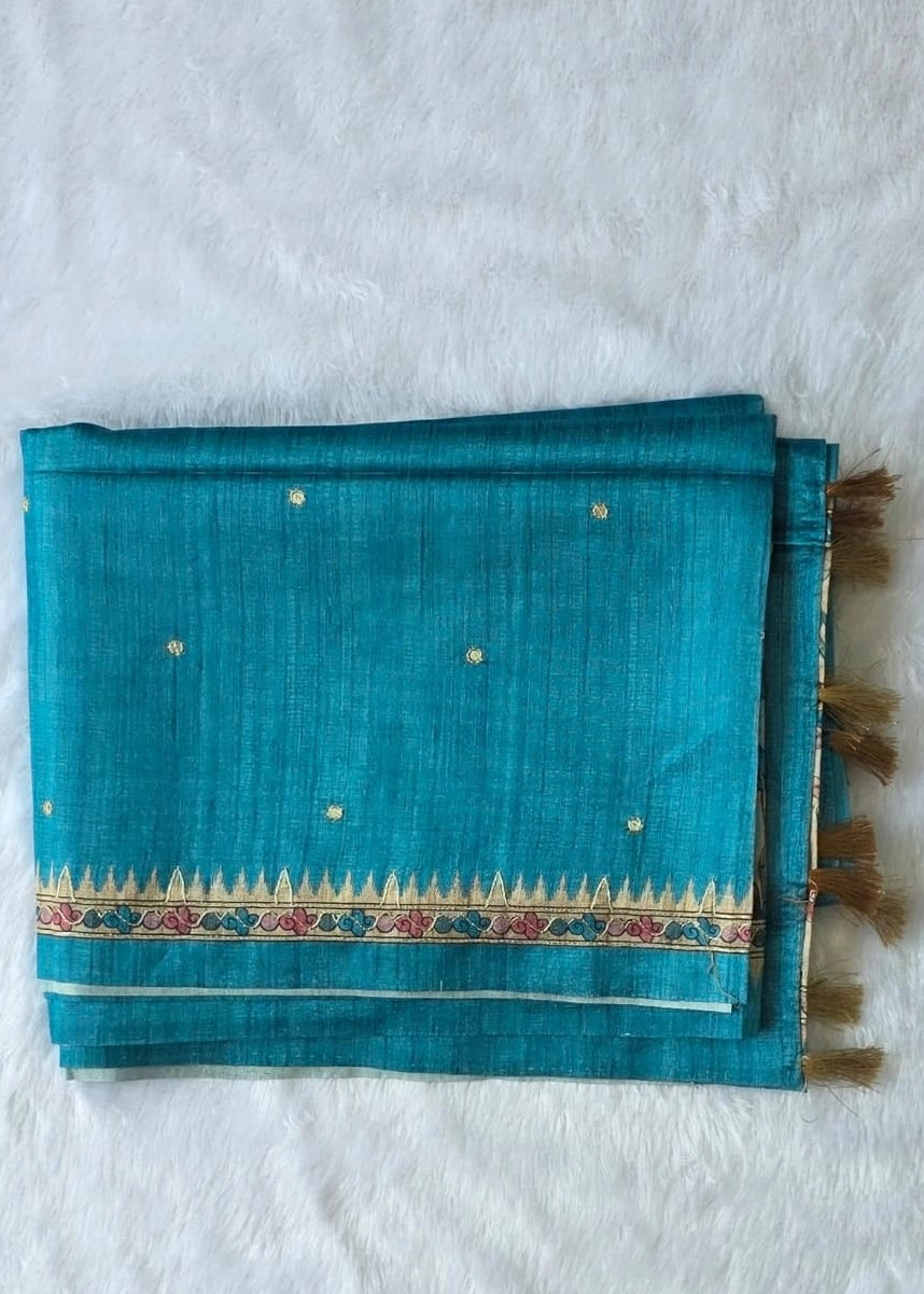 Kalamkari Blue Tussar Saree