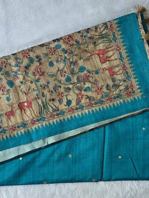 Kalamkari Deep Magenta Tussar Saree