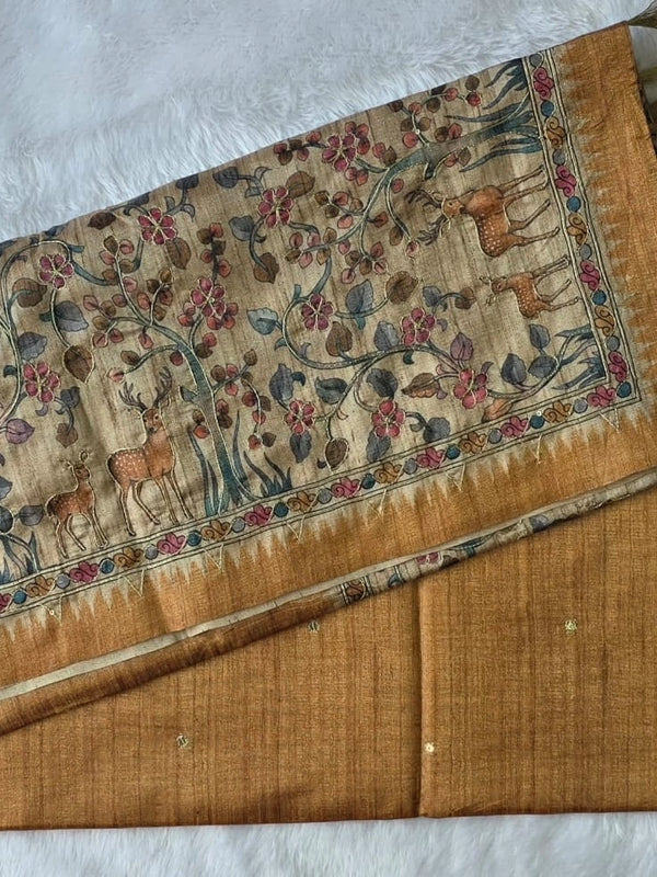 Kalamkari Deep Magenta Tussar Saree