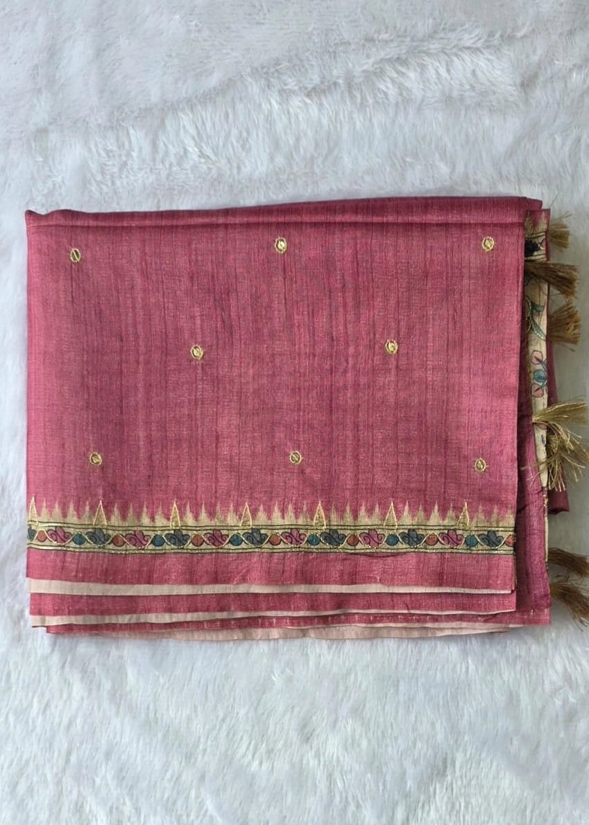 Kalamkari Deep Magenta Tussar Saree