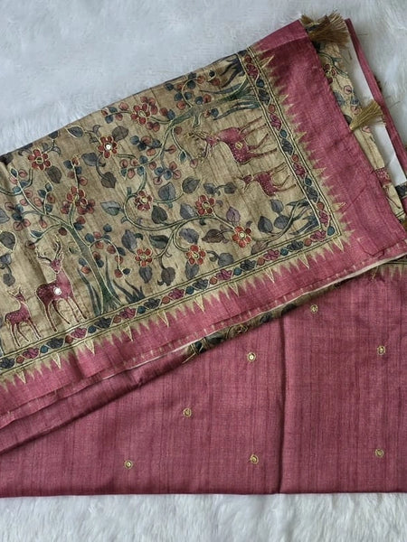 Kalamkari Deep Magenta Tussar Saree