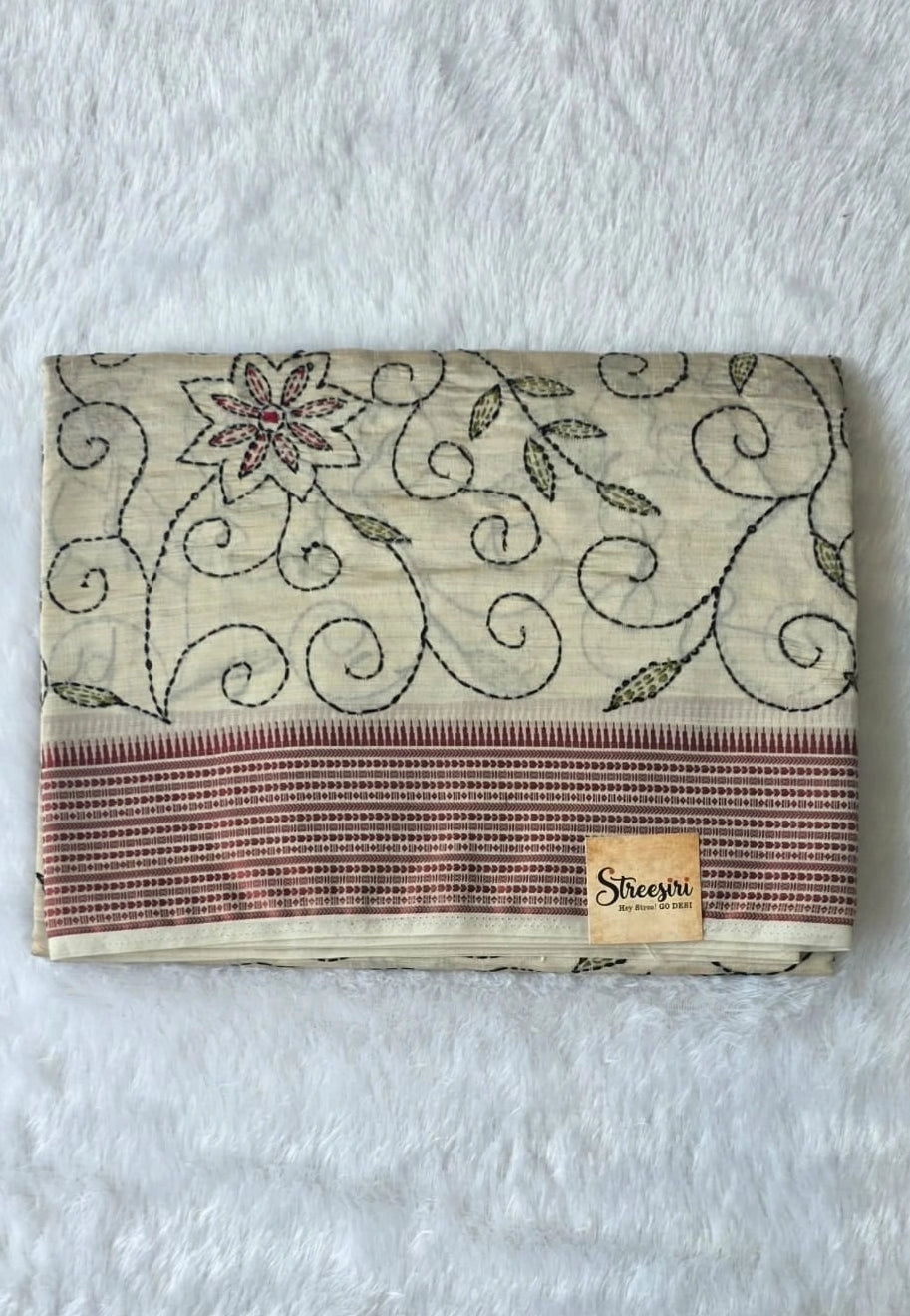 Kantha Work Cream Red Saree