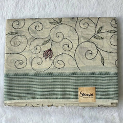 Kantha Work Cream Green Saree