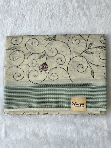 Kantha Work Cream Green Saree